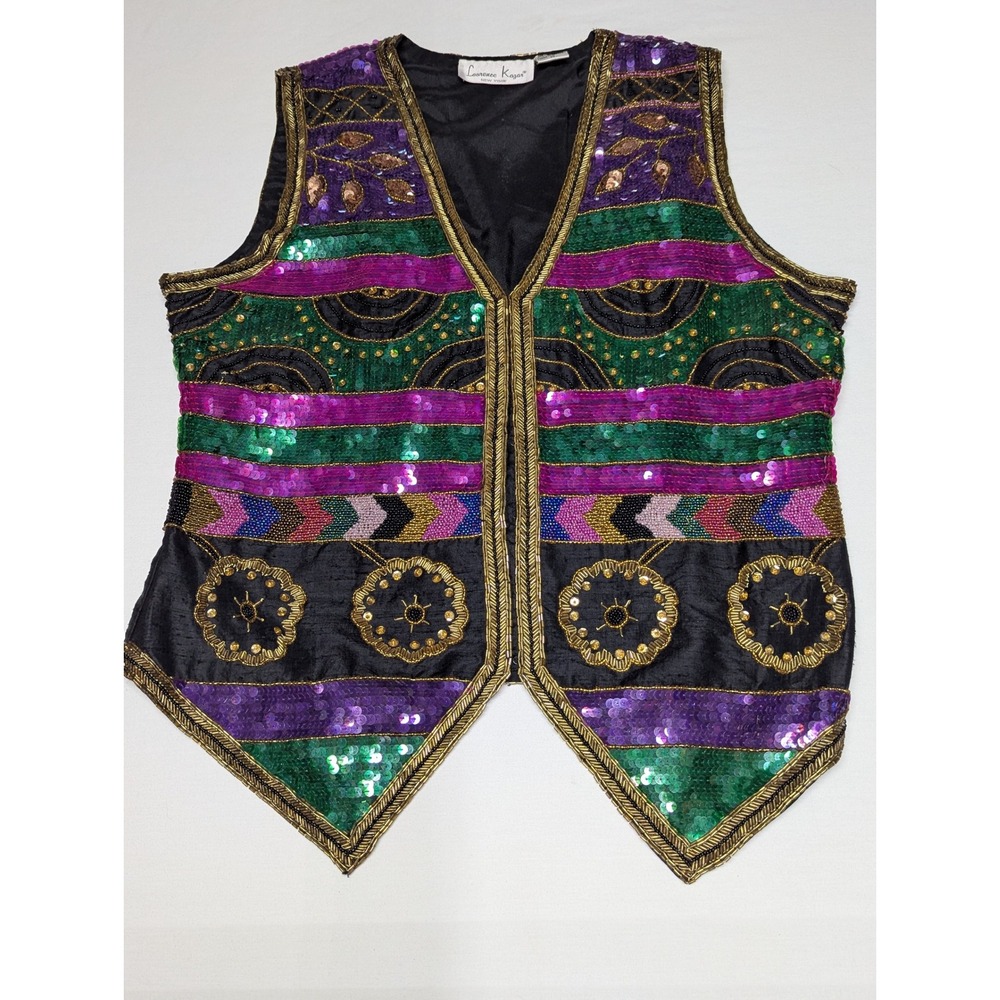 Laurence Kazar Silk Beaded Sequin Vest Purple Green Gold Vintage Womens Medium